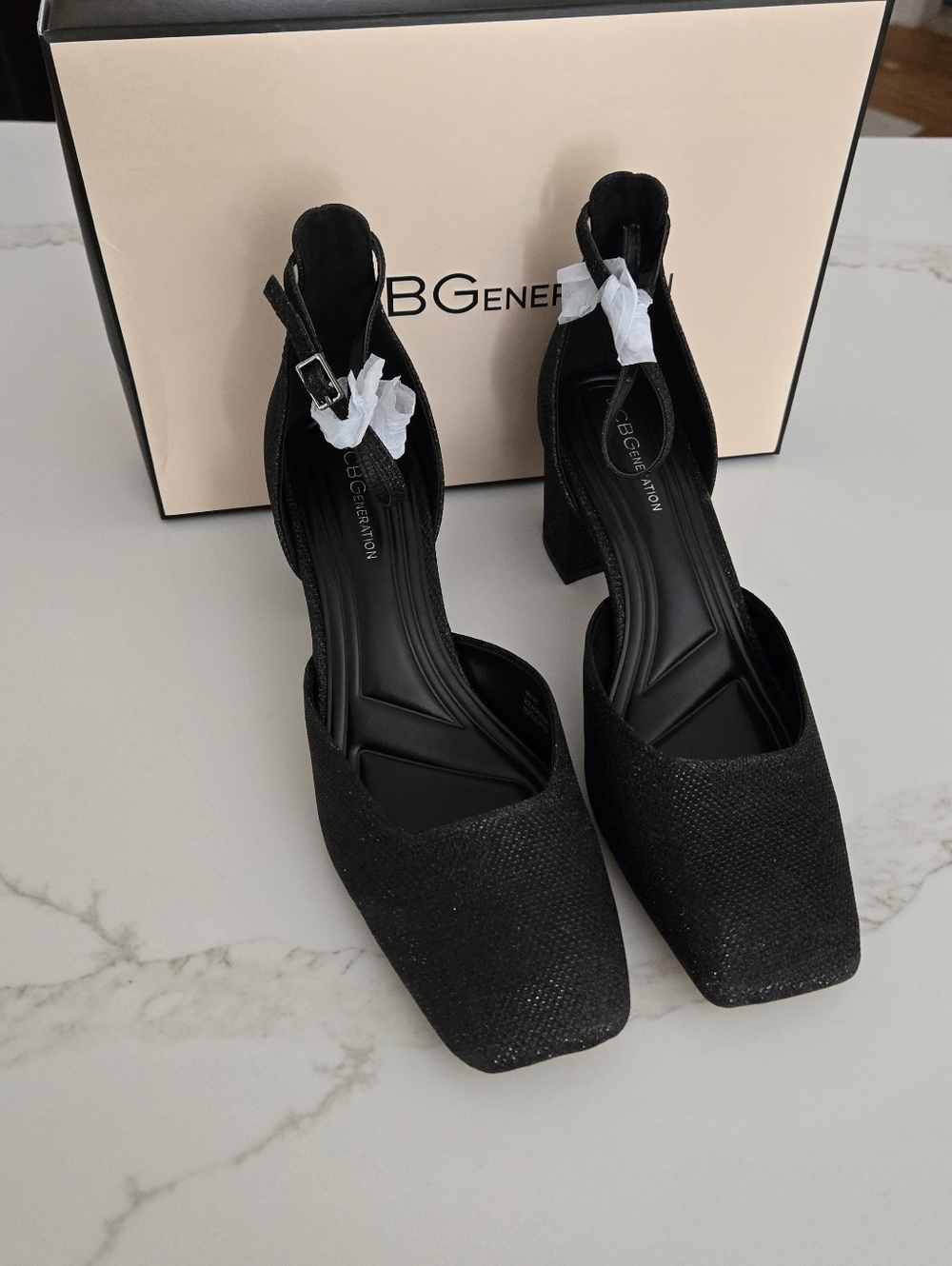 BCBGeneration Black Square-Toe Ankle Strap Block Heels